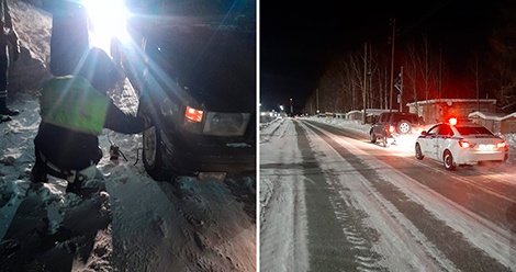 В мороз и снегопады сотрудники ГИБДД помогают салдинским водителям
